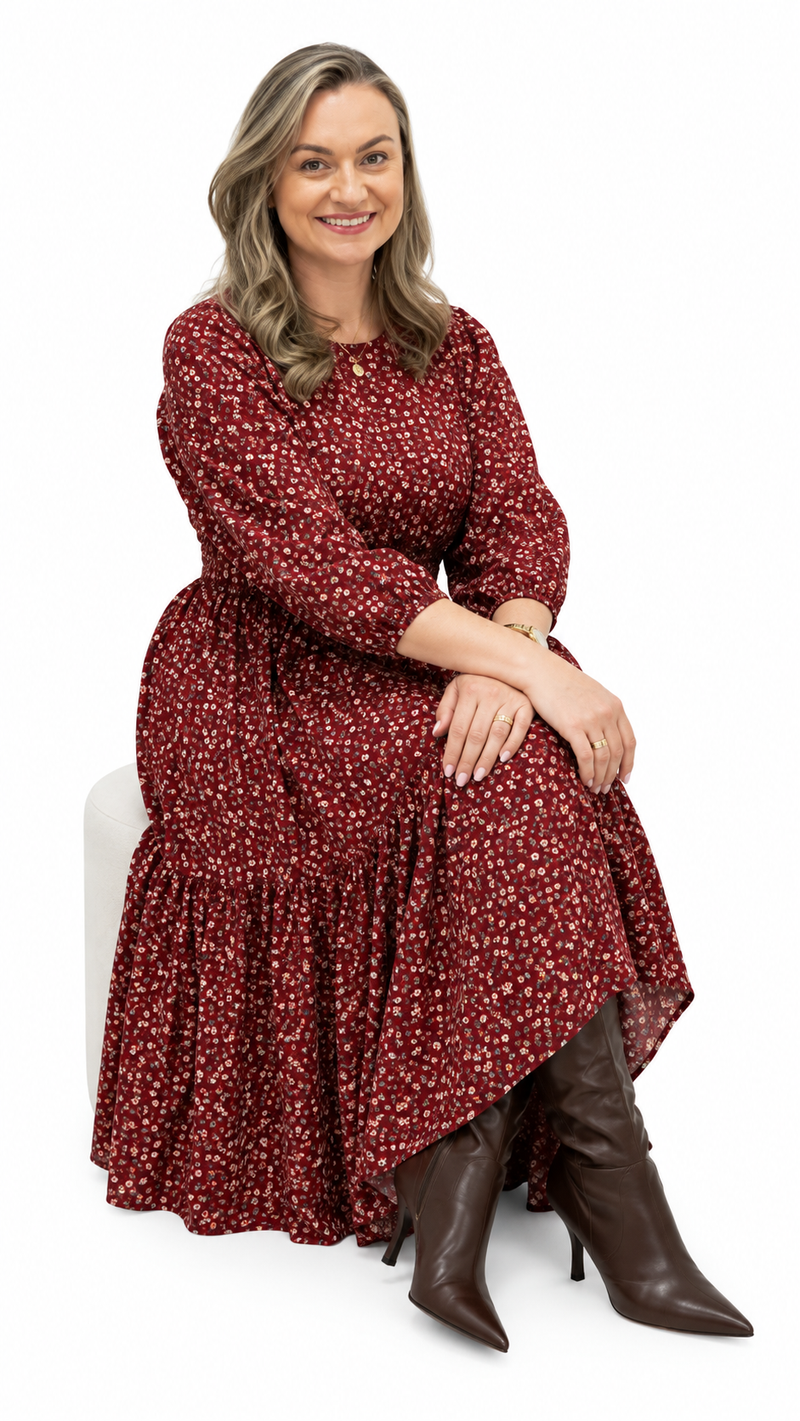 Vestido Midi Floral Manga 3/4 Acinturado