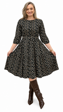 Vestido Midi Floral Manga 3/4 Acinturado